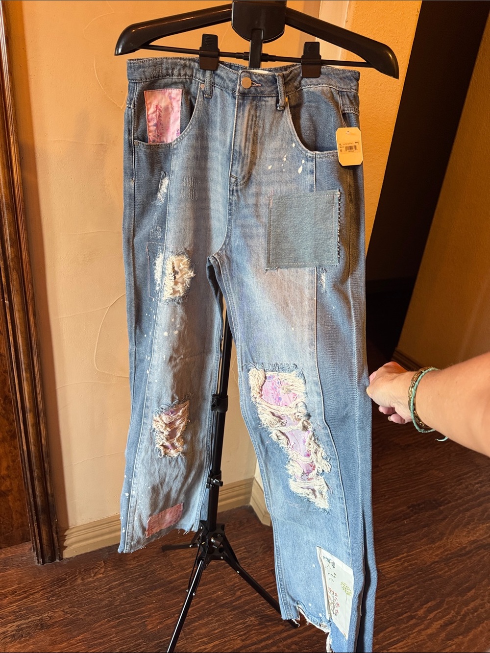 Altar'd State Light Blue Distressed Patchwork Straight-Leg Jeans